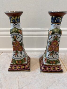Decorative Floral Ceramic Candlesticks - White and Multicolor